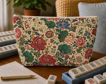 Luxury Mahjong Tile Bag, Indian Mughal Botanical Mahjong Gift, Mahj Tile Storage Set Ladies Matching Floral Game Night Travel XL Pouch Bags