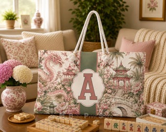 Personalized Monogram Mahjong Tote Bag, Custom Pink Dragon Mahjong Gift, Mahj Tile Bag Storage Set, Ladies Game Night XL Travel Pouch