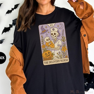 Halloween verpleegkundige shirt arbeid en levering, skelet heks verpleegkundige, grappig Halloween L&D verpleegkundige shirt, de verpleegkundige, spooky verpleegkundige tarotkaart