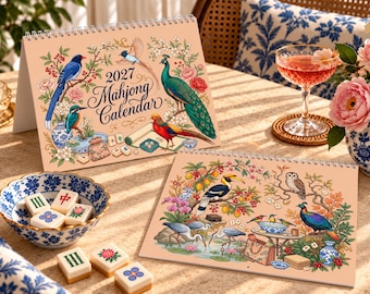 2027 Mahjong Wall Calendar, Chinoiserie Asian Bird Collection, Unique Mahjong Player Gift For Her, Luxury Game Night Bird Mahjong Home Decor