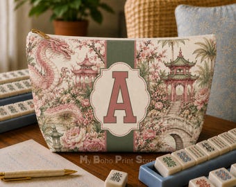 Personalized Mahjong Tile Bag, Custom Monogram Mahjong Gift, Pink Dragon Mahj Storage Set Ladies Matching Game Night Travel XL Pouch Bags