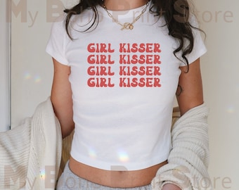 Girl Kisser Sapphic Baby Tee Shirt, Bisexual Lesbian Pride WLW Femme LGBTQ+ Queer Gay Girl 90s Y2K Aesthetic Shirt Gift Pride Month Baby T