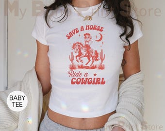 Save A Horse Ride A Cowgirl Baby Tee Shirt, Funny Subtle Lesbian Bi Gay Pride Queer Sapphic Tshirt, WLW Femme 90s Graphic Pride Crop Shirt