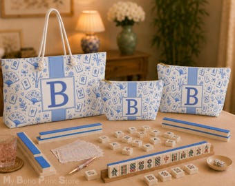 Personalized Mahjong Tote Bag, Blue Chinoiserie Custom Monogram Mahjong Bag Gift For Her, Mahj Tile Storage Bag, Game Night Travel Pouch Set