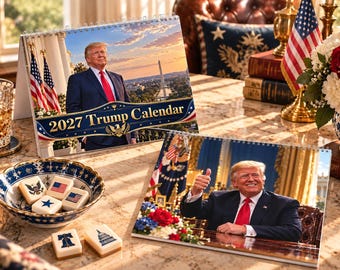 Könnte beinhalten: Ein Trump-Kalender 2027 mit einem Porträt von Donald Trump vor dem Washington Monument im Hintergrund und einem zweiten Bild, auf dem er den Daumen nach oben zeigt. Der Kalender ist spiralgebunden und zeigt den Text 2027 Trump Calendar.