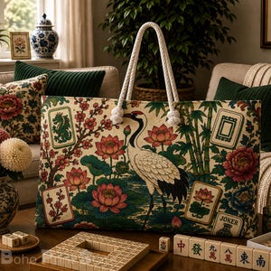 May include: A rectangular tote bag with white rope handles featuring a print of a crane, lotus flowers, bamboo, and mahjong tiles. The design includes a green dragon tile and a tile labeled Joker. The bag has a cream background with colorful botanical motifs.