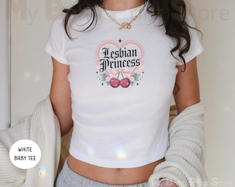 Lesbian Princess Baby Tee Shirt, 90's Y2K Cherry Coquette Lesbian Crop Top, Bisexual Gay Pride WLW Femme Sapphic Baby Tee Lesbian WLW Top