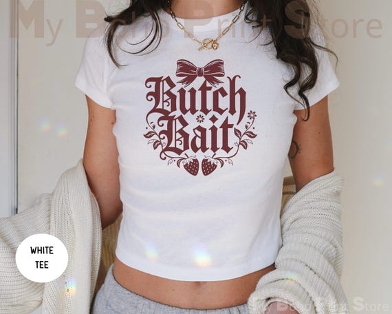 Butch Bait Baby Tee Shirt, 90s Y2K, Gothic Coquette Strawberry Lesbian, Bi Subtle Sapphic Pride Shirt, WLW Femme Butch Lesbian Couple Gifts