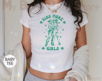 Kiss More Girls Irish Baby Tee Shirt, St Patricks Day Subtle Sapphic Pride Tshirt Western Cowgirl Aesthetic St Paddy&#39;s Day Lesbian Tee Shirt