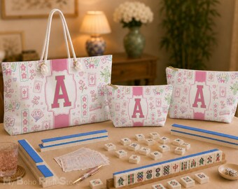 Personalized Mahjong Tote Bag, Custom Monogram Mahjong Bag, Cherry Blossom Mahj Tile Storage Bag, Gift for Mahjong Player, Travel Pouch Set