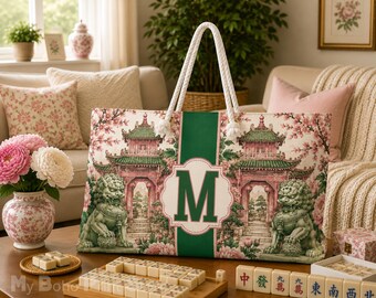 Personalized Mahjong Tote Bag, Custom Monogram Mahjong Bag Gift For Her, Guardian Lion Mahj Tile Storage Bag, Game Night Travel Pouch Set