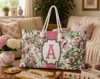 Personalized Mahjong Tote Bag, Botanical Bird Custom Monogram Mahjong Bag Gift For Her, Mahj Tile Storage Bag, Game Night Travel Pouch Set