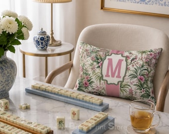 Personalized Monogram Mahjong Pillow, Gift For Mahjong Player, Botanical Pagoda Mahjong Home Decor, Mahj Game Night Cushion For Back Support