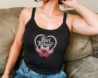 Girl Kisser Tank Top, Cherry Coquette Lesbian Tank, Queer Bi Gay Subtle Sapphic Pride Crop Top, WLW Femme Baby Tee Shirt, Lesbian WLW Crop