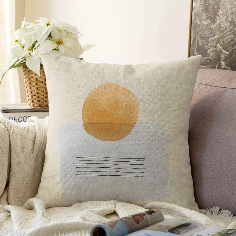 Yellow Sun Abstract Pillow Cover, Mustard Cushion Case, Mid Century Modern Living Room Decoration, Bedroom Throw Pillow Cover, Digital Print 3