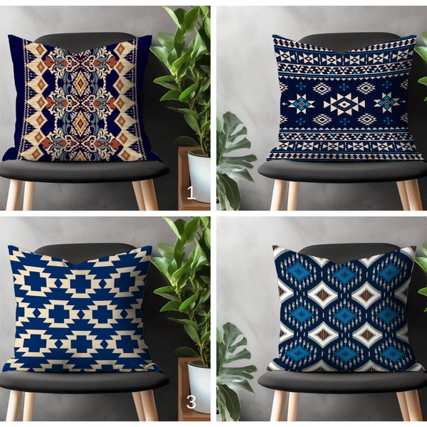 Navy Blue Kilim Pillow Cover, Traditional Print Cushion Case, Authentic Living Room Throw Pillow Cover, Ethnic Bedroom Tribal Decoration