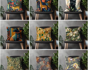 Colorful Cats & Flowers Painting Pillow Cover, Tiger Leopard Throw Pillow Case, Green Brown Safari Forest Animals Home Decor