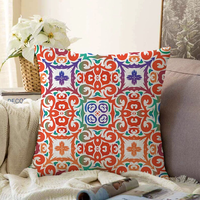 Terracotta Tile Pillow Cover, Spanish Style Tile Cushion Case
