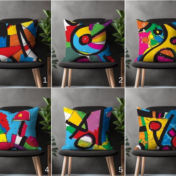 Colorful Abstract Pillow Cover, Retro Style Cushion Case, Mid Century Modern Vivid Living Room Decoration, Bright Bedroom Throw Pillow Case