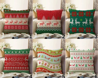 Christmas Pillow Cover, Xmas Red Green Cushion Case, Deer Holiday Pillow Cover, Merry Christmas Decor, 18x18 Pillow Cover, Any Size Cushion