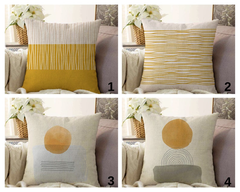 Yellow Sun Abstract Pillow Cover, Mustard Cushion Case, Mid Century Modern Living Room Decoration, Bedroom Throw Pillow Cover, Digital Print image 1