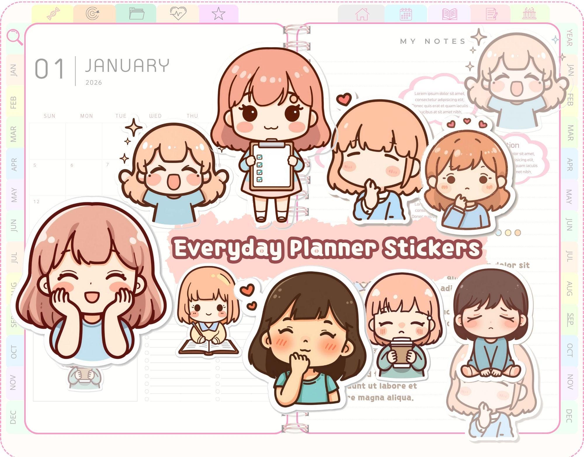 Daily Routine Chibi Everyday Planner Stickers | Daily Routine Cute Chibi Stickers for ...