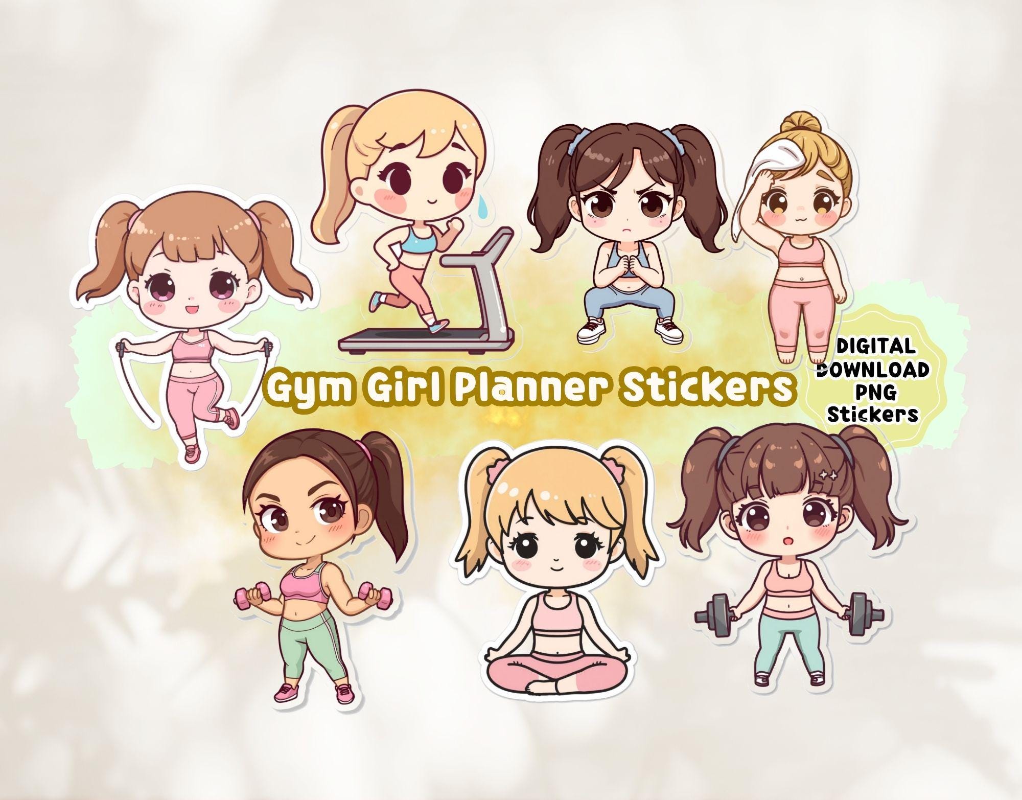 Chibi Gym Girl PNG Stickers | Cute Workout Planner Stickers | Fitness ...