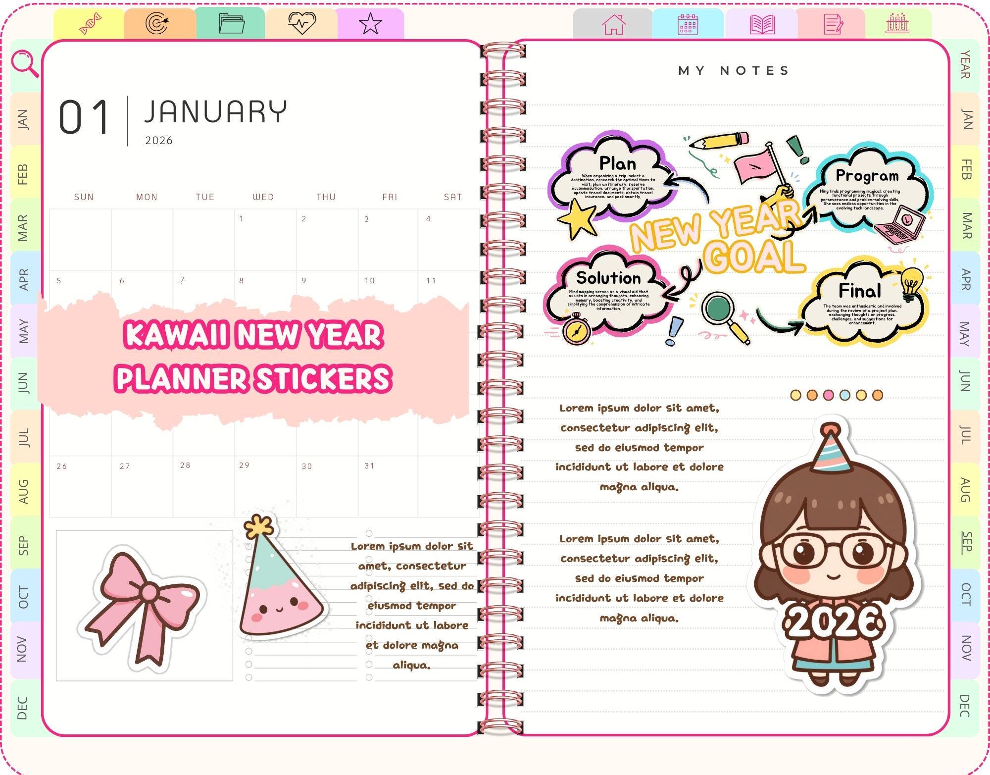 New Year Planner Stickers 2026 | Cute Kawaii Chibi Girl Digital ...