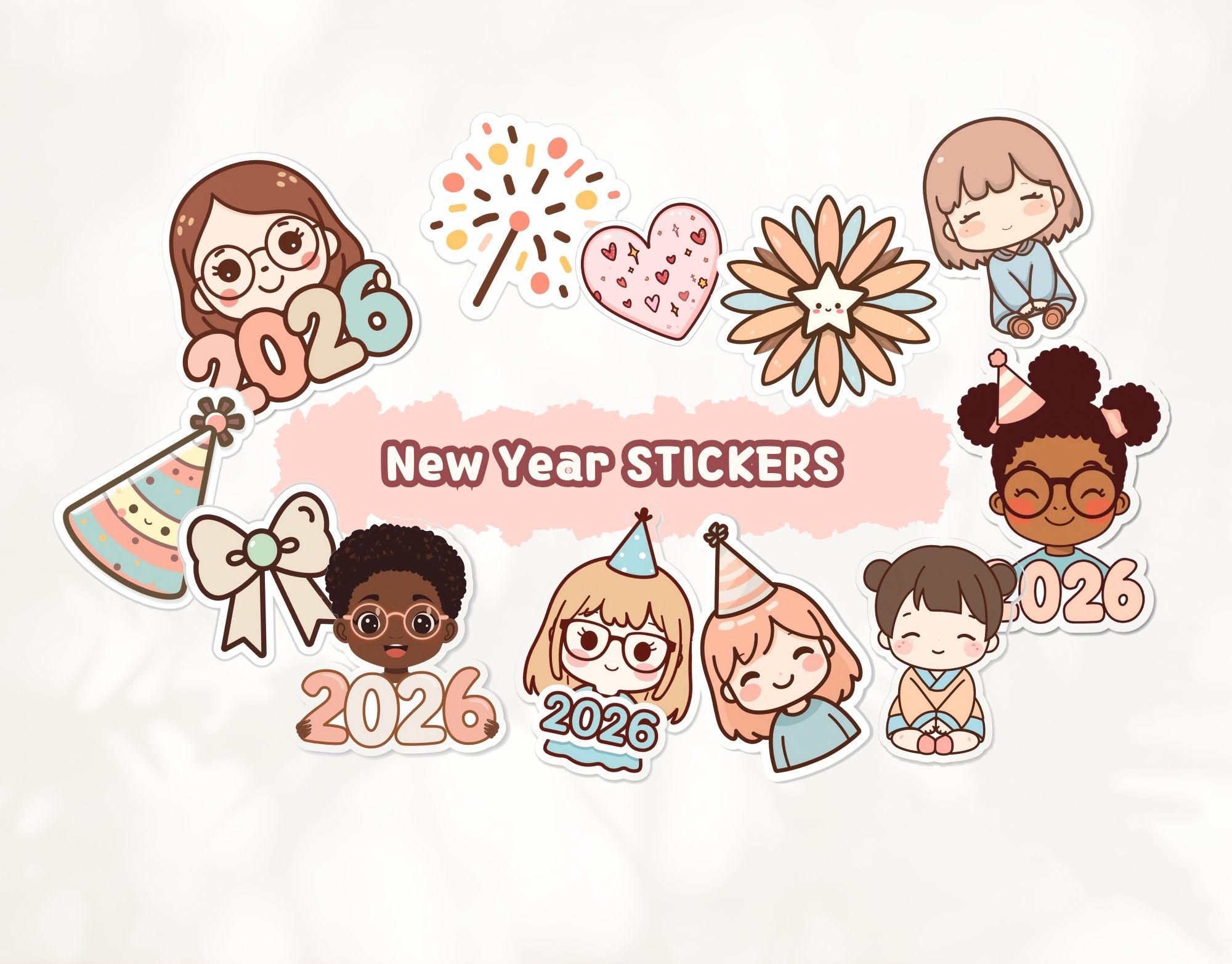 New Year Planner Stickers 2026 | Cute Kawaii Chibi Girl Digital ...