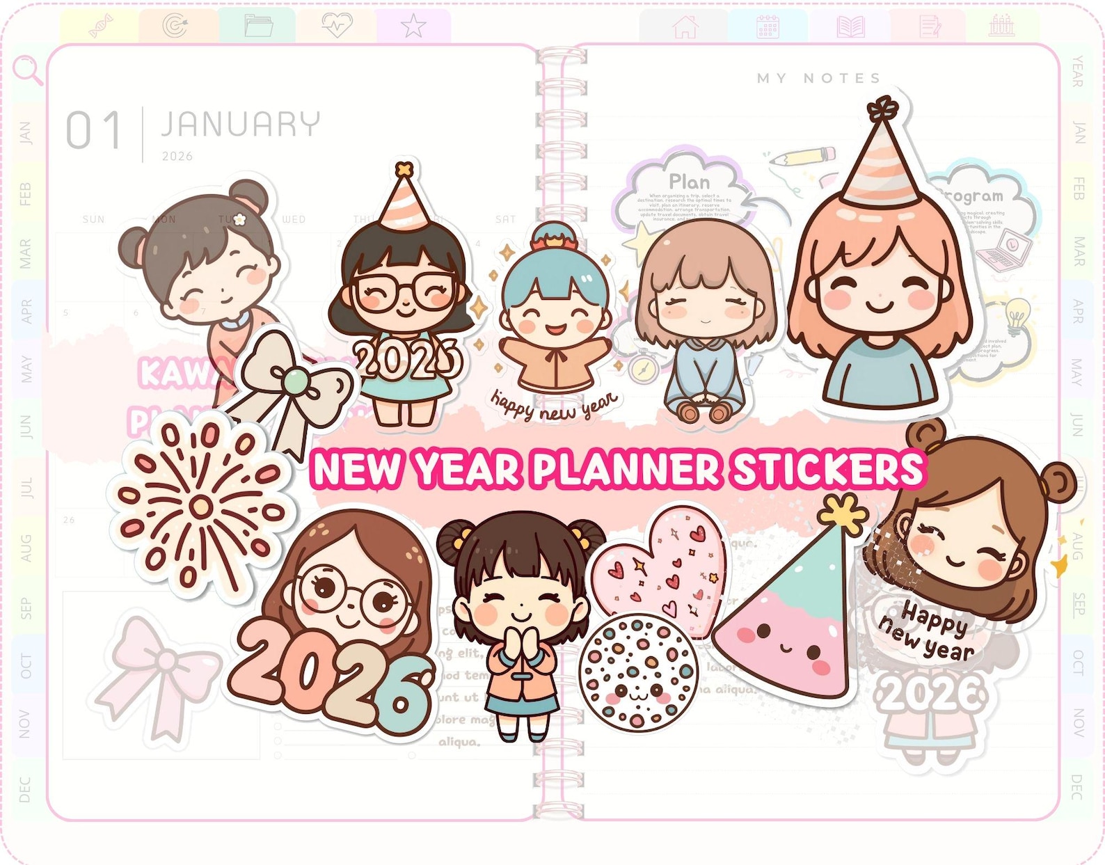 New Year Planner Stickers 2026 | Cute Kawaii Chibi Girl Digital ...