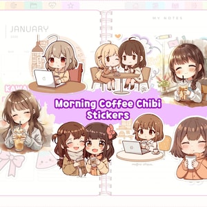 Può includere: Una collezione di "Morning Coffee Chibi Stickers" con simpatiche illustrazioni in stile anime di ragazze con caffè, laptop e che si godono la compagnia. Gli adesivi sono in tenui colori pastello.