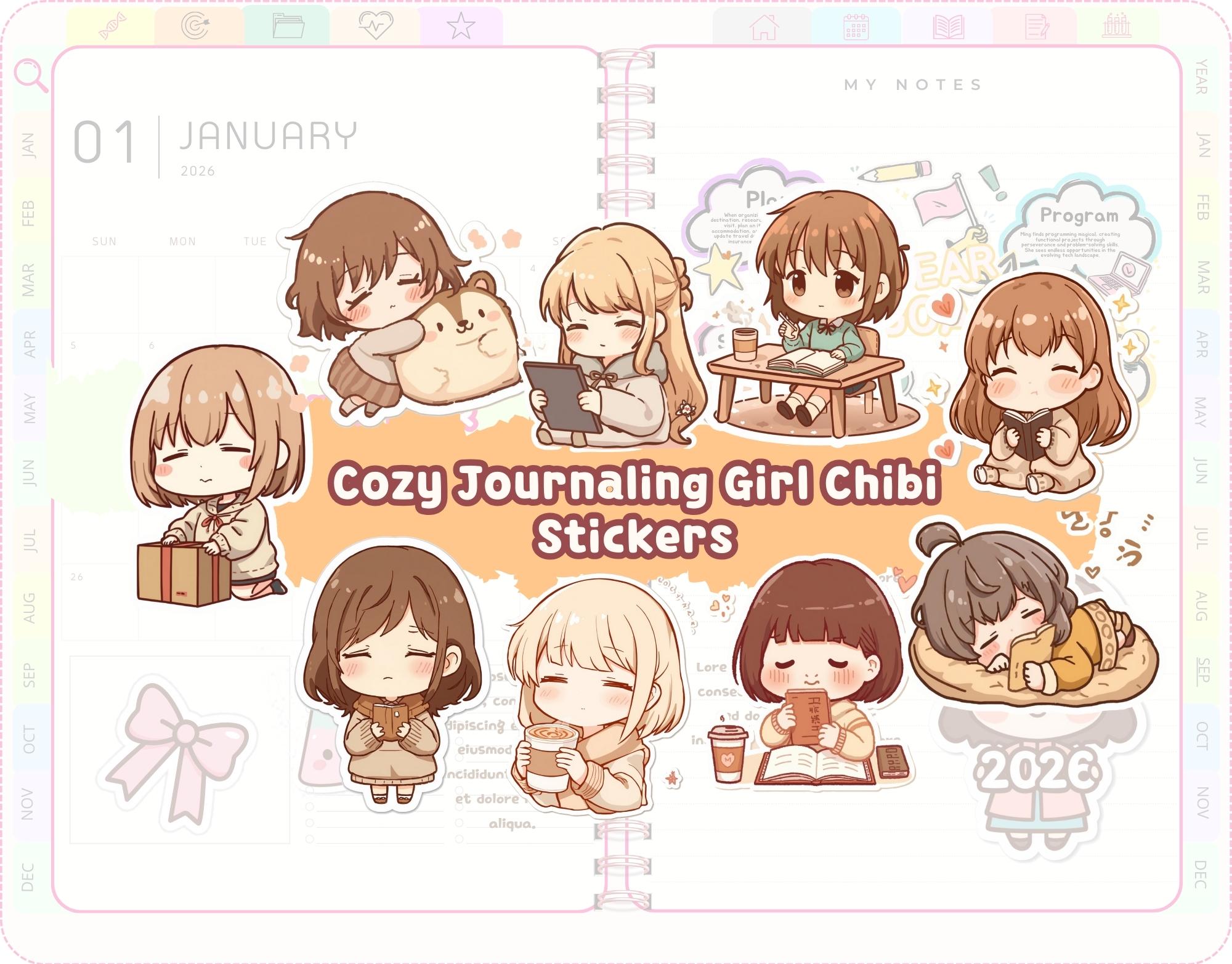 Cozy Journaling Girl Chibi Stickers for Digital Planners | Calm Cute ...