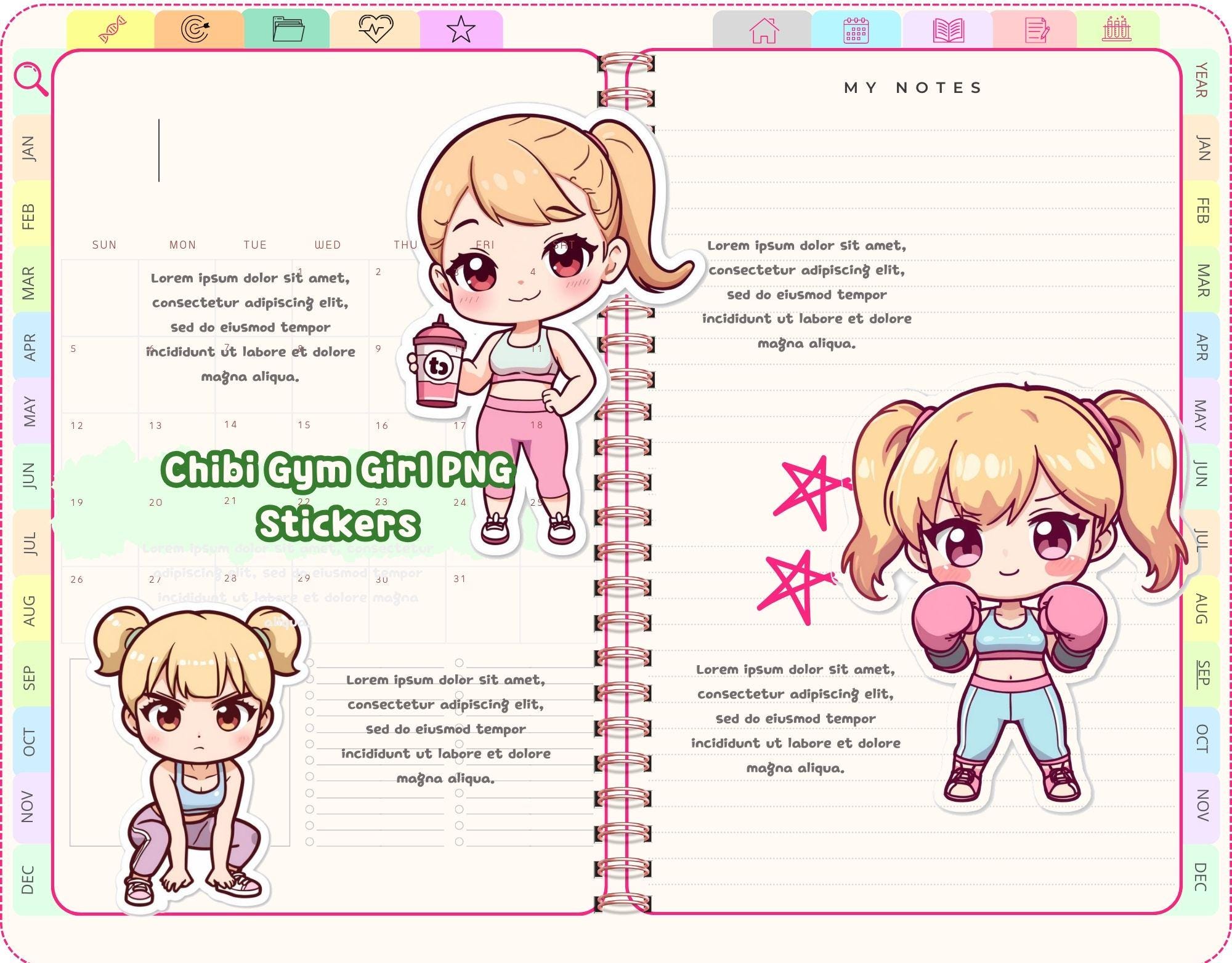 Chibi Gym Girl PNG Stickers | Cute Workout Planner Stickers | Fitness ...