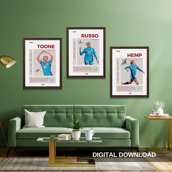 Football Player Wanddekoration, Printable / England Women, Toone, Russo, Hanf / Set von 3 Drucken