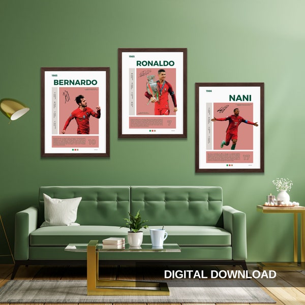 Fußballspieler Wanddekoration, druckbar / Portugal Icons, Cristiano Ronaldo, Bernardo Silva, Nani / Set von 3 Drucken