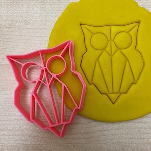 Può includere: Un tagliapasta a forma di gufo in plastica rosa con un design geometrico. Il tagliapasta è accanto a un pezzo di plastilina gialla con l'impronta del tagliapasta a forma di gufo.