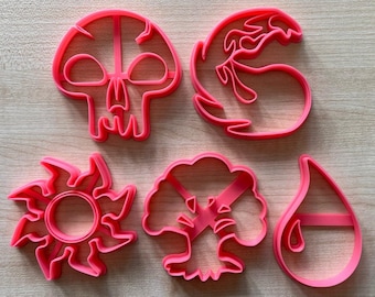 Magic: The Gathering Inspired Cookie Cutter Mana Set- Black Skull, Red Fire, White Sun, Green Tree and Blue Water Symbols