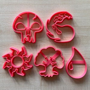 Magic: The Gathering Inspired Cookie Cutter Mana Set- Black Skull, Red Fire, White Sun, Green Tree and Blue Water Symbols