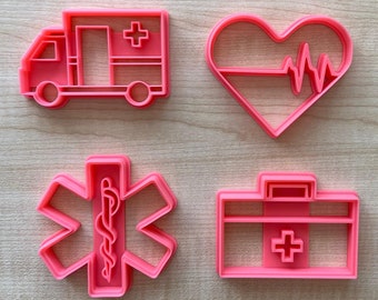 Paramedic Services Cookie Cutter Set- Ambulance, Cardiac Arrest Icon, Paramedic Logo and First Aid Kit