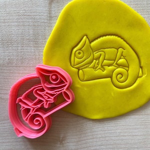 May include: A pink plastic chameleon cookie cutter with a yellow plastic impression mat. The cookie cutter is shaped like a chameleon sitting on a branch.