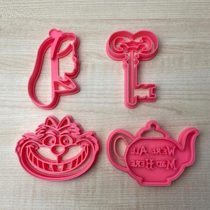 Alice Adventures in Wonderland Themed Cookies Cutters- Alice, Key, Cheshire Cat and Teapot "We're All Mad Here"