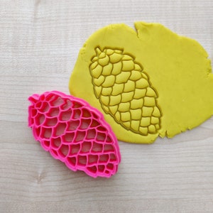Op de afbeelding: Een roze plastic koekjesvormpje in de vorm van een dennenappel, naast een gele stuk modelleerklei met een dennenappelindruk.