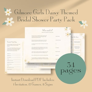May include: A printable party pack for a bridal shower with a "Gilmore Girls" theme. The pack includes 34 pages of games, signs, and an invitation. The design features a daisy pattern and a light green and gold color scheme.