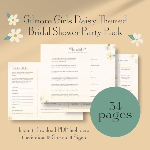 Gilmore Girls Daisy Themed Bridal Shower Games | Wedding Shower | Printable | Modern Bride