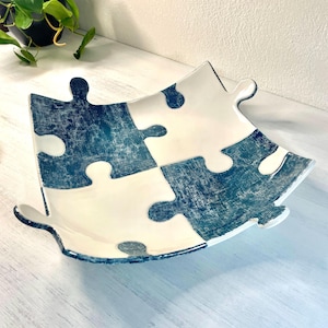 Handmade large ceramic platter, Modern ceramic puzzle plate, Blue & white serving tray, Unique art serving platter for home decor or gift