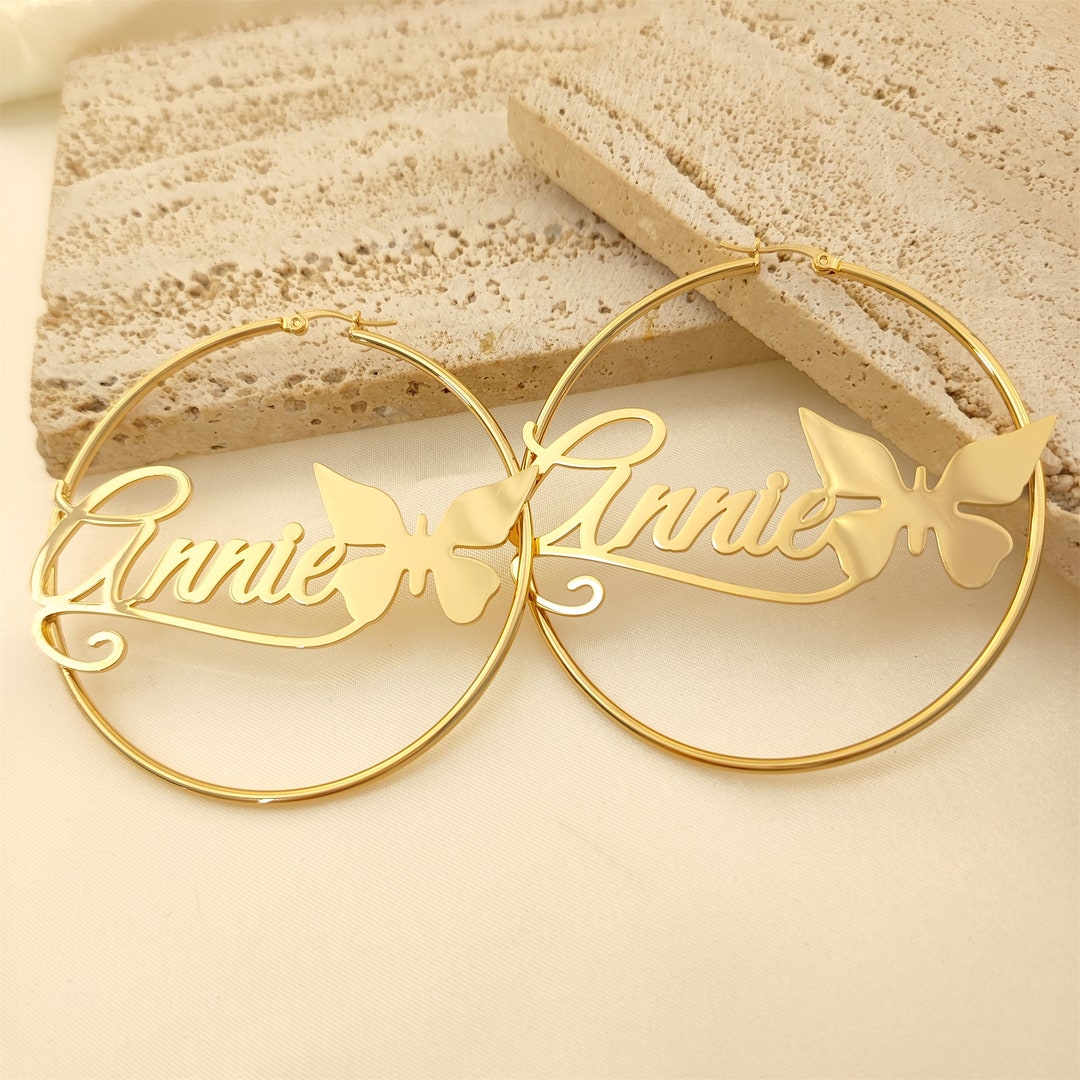 Custom Hoop Earrings, Gold Name Earrings, Large Big Hoop Earrings, Name