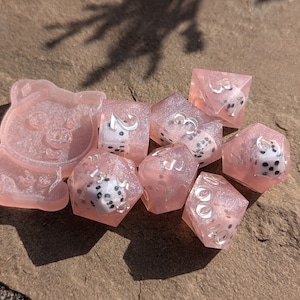 Blushing Diception | Polyhedral Sharp Edge DnD Dice Set | Pink with Dice | 7 dice set | Dice in Dice | Resin dice