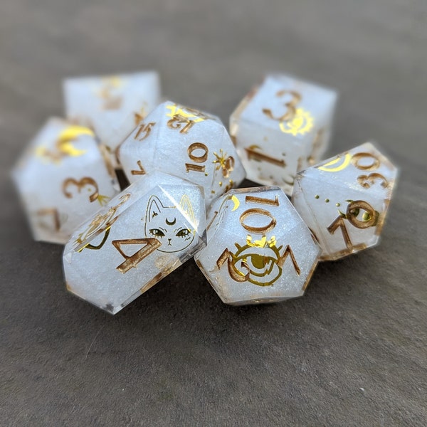 Mystic Catfolk | Sharp Edge Polyhedral DnD Dice Set | Cat Dice Set | 7 dice set | Pretty dice | Handmade Dice | Mystic Dice