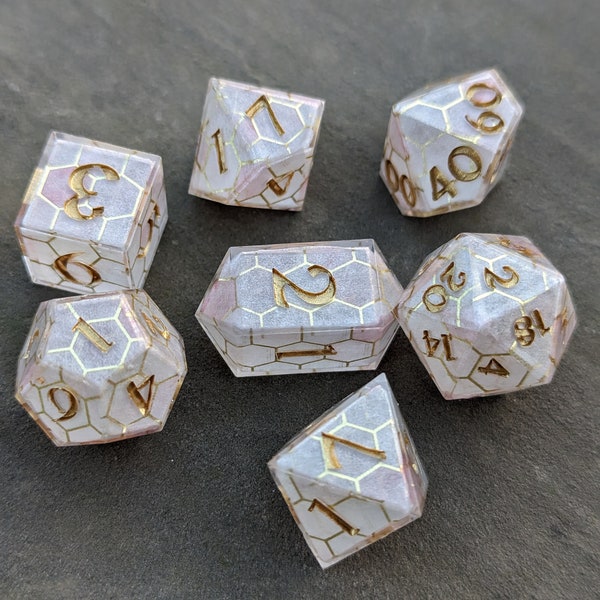 Hazy Hexagon | Sharp Edge Polyhedral DnD Dice Set | Pink Gold Dice Set | 7 dice set | Pretty dice | Handmade Dice | Unique Dice |