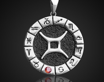 Silver Gemini Zodiac Pendant, Gemini Horoscope Pendant, Gemini Birthstone Pendant, Unisex Zodiac Pendant, Unique Zodiac Jewelry